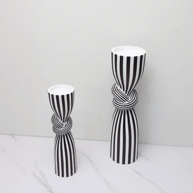 Black and White Striped Twisted Rope Knot Single Candle Holder, Resin, Dining Table Wedding Center Decoration, Modern Decoration
